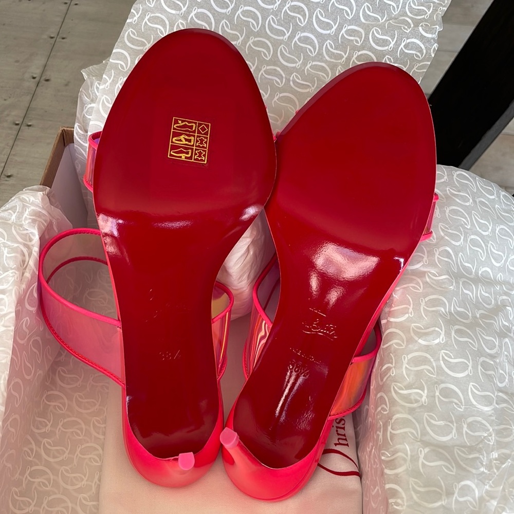 Christian Louboutin just loubi 85mm pink fluo neon pvc sandal stiletto sz 38.5 - Picture 8 of 11